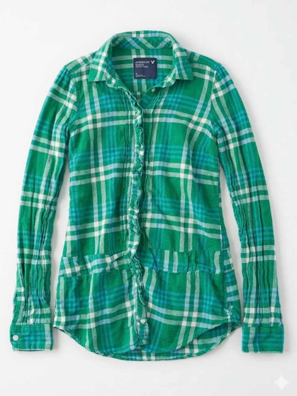 Vintage Y2K American Eagle Outfitter Embroidered Green Plaid Ruffle Button Shirt